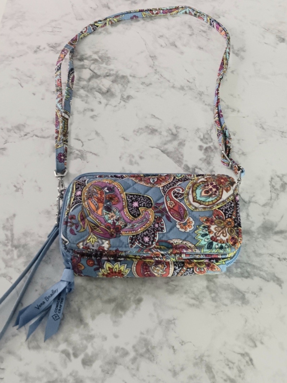 Vera Bradley RFID All-in-One Crossbody Wallet Purse Blue Paisley Retired | EUC